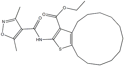 ethyl 2-{[(3,5-dimethyl-4-isoxazolyl)carbonyl]amino}-5,6,7,8,9,10,11,12,13,14-decahydro-4H-cyclotrideca[b]thiophene-3-carboxylate Struktur