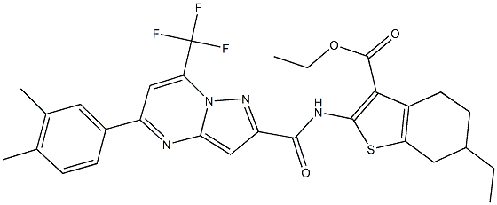 ethyl 2-({[5-(3,4-dimethylphenyl)-7-(trifluoromethyl)pyrazolo[1,5-a]pyrimidin-2-yl]carbonyl}amino)-6-ethyl-4,5,6,7-tetrahydro-1-benzothiophene-3-carboxylate Struktur