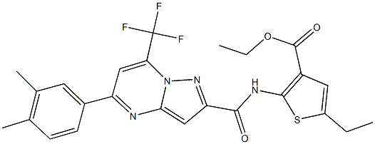 ethyl 2-({[5-(3,4-dimethylphenyl)-7-(trifluoromethyl)pyrazolo[1,5-a]pyrimidin-2-yl]carbonyl}amino)-5-ethyl-3-thiophenecarboxylate Struktur