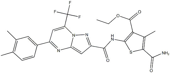 ethyl 5-(aminocarbonyl)-2-({[5-(3,4-dimethylphenyl)-7-(trifluoromethyl)pyrazolo[1,5-a]pyrimidin-2-yl]carbonyl}amino)-4-methyl-3-thiophenecarboxylate Struktur