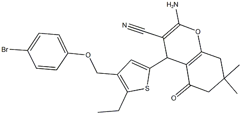 2-amino-4-{4-[(4-bromophenoxy)methyl]-5-ethyl-2-thienyl}-7,7-dimethyl-5-oxo-5,6,7,8-tetrahydro-4H-chromene-3-carbonitrile Struktur