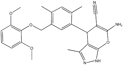 6-amino-4-{5-[(2,6-dimethoxyphenoxy)methyl]-2,4-dimethylphenyl}-3-methyl-1,4-dihydropyrano[2,3-c]pyrazole-5-carbonitrile Struktur