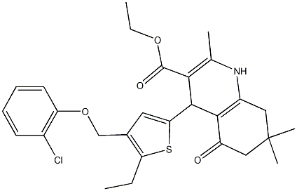 ethyl 4-{4-[(2-chlorophenoxy)methyl]-5-ethyl-2-thienyl}-2,7,7-trimethyl-5-oxo-1,4,5,6,7,8-hexahydro-3-quinolinecarboxylate Struktur