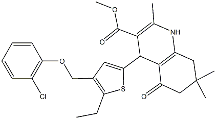 methyl 4-{4-[(2-chlorophenoxy)methyl]-5-ethyl-2-thienyl}-2,7,7-trimethyl-5-oxo-1,4,5,6,7,8-hexahydro-3-quinolinecarboxylate Struktur