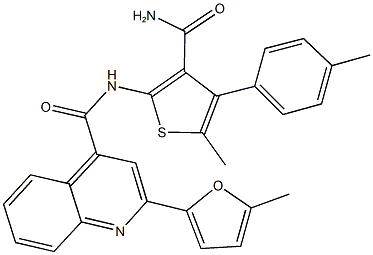 N-[3-(aminocarbonyl)-5-methyl-4-(4-methylphenyl)-2-thienyl]-2-(5-methyl-2-furyl)-4-quinolinecarboxamide Struktur