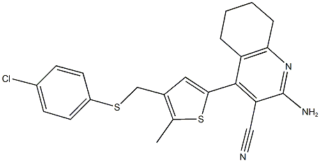 2-amino-4-(4-{[(4-chlorophenyl)sulfanyl]methyl}-5-methyl-2-thienyl)-5,6,7,8-tetrahydro-3-quinolinecarbonitrile Struktur