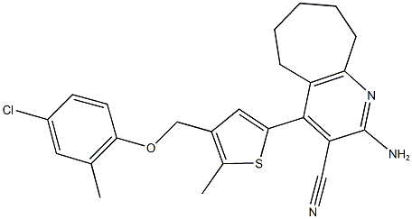 2-amino-4-{4-[(4-chloro-2-methylphenoxy)methyl]-5-methyl-2-thienyl}-6,7,8,9-tetrahydro-5H-cyclohepta[b]pyridine-3-carbonitrile Struktur