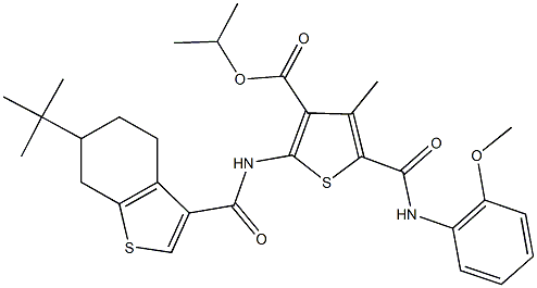 isopropyl 2-{[(6-tert-butyl-4,5,6,7-tetrahydro-1-benzothien-3-yl)carbonyl]amino}-5-[(2-methoxyanilino)carbonyl]-4-methyl-3-thiophenecarboxylate Struktur