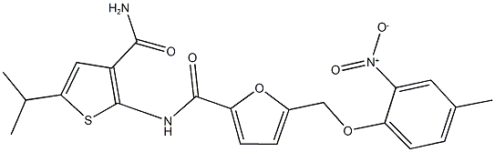 N-[3-(aminocarbonyl)-5-isopropyl-2-thienyl]-5-({2-nitro-4-methylphenoxy}methyl)-2-furamide Struktur