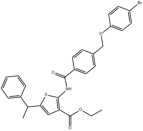 ethyl 2-({4-[(4-bromophenoxy)methyl]benzoyl}amino)-5-(1-phenylethyl)-3-thiophenecarboxylate Struktur