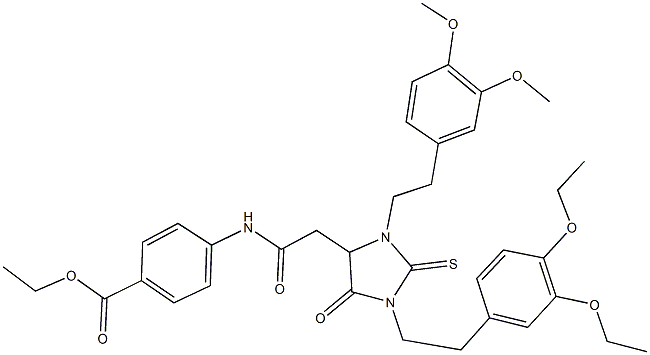 ethyl 4-[({1-[2-(3,4-diethoxyphenyl)ethyl]-3-[2-(3,4-dimethoxyphenyl)ethyl]-5-oxo-2-thioxo-4-imidazolidinyl}acetyl)amino]benzoate Struktur