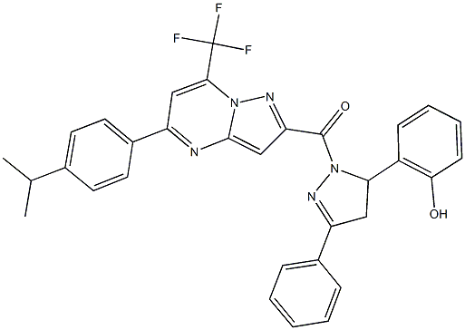 2-(1-{[5-(4-isopropylphenyl)-7-(trifluoromethyl)pyrazolo[1,5-a]pyrimidin-2-yl]carbonyl}-3-phenyl-4,5-dihydro-1H-pyrazol-5-yl)phenol Struktur