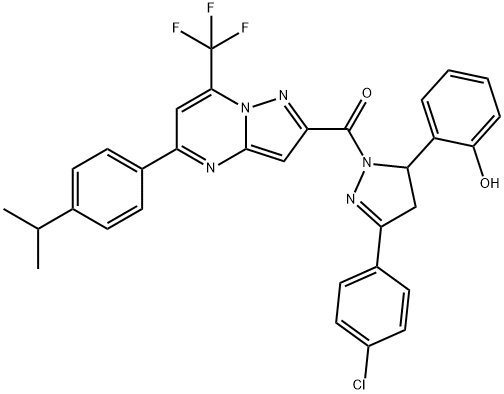 2-(3-(4-chlorophenyl)-1-{[5-(4-isopropylphenyl)-7-(trifluoromethyl)pyrazolo[1,5-a]pyrimidin-2-yl]carbonyl}-4,5-dihydro-1H-pyrazol-5-yl)phenol Struktur