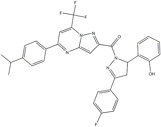 2-(3-(4-fluorophenyl)-1-{[5-(4-isopropylphenyl)-7-(trifluoromethyl)pyrazolo[1,5-a]pyrimidin-2-yl]carbonyl}-4,5-dihydro-1H-pyrazol-5-yl)phenol Struktur