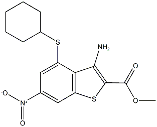 methyl 3-amino-4-(cyclohexylsulfanyl)-6-nitro-1-benzothiophene-2-carboxylate Struktur