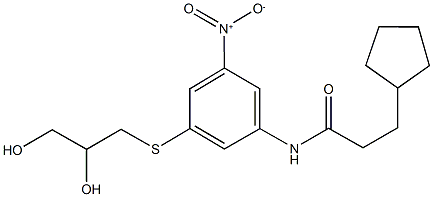 3-cyclopentyl-N-{3-[(2,3-dihydroxypropyl)sulfanyl]-5-nitrophenyl}propanamide Struktur