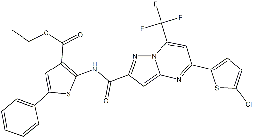 ethyl 2-({[5-(5-chloro-2-thienyl)-7-(trifluoromethyl)pyrazolo[1,5-a]pyrimidin-2-yl]carbonyl}amino)-5-phenyl-3-thiophenecarboxylate Struktur