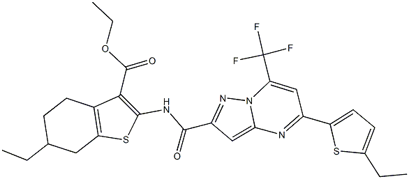 ethyl 6-ethyl-2-({[5-(5-ethyl-2-thienyl)-7-(trifluoromethyl)pyrazolo[1,5-a]pyrimidin-2-yl]carbonyl}amino)-4,5,6,7-tetrahydro-1-benzothiophene-3-carboxylate Struktur