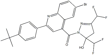 1-{[6-bromo-2-(4-tert-butylphenyl)-4-quinolinyl]carbonyl}-3,5-bis(difluoromethyl)-4,5-dihydro-1H-pyrazol-5-ol Struktur