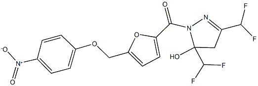 3,5-bis(difluoromethyl)-1-[5-({4-nitrophenoxy}methyl)-2-furoyl]-4,5-dihydro-1H-pyrazol-5-ol Struktur