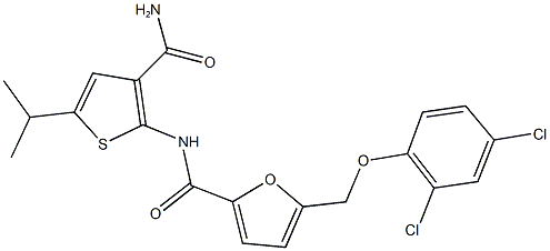 N-[3-(aminocarbonyl)-5-isopropyl-2-thienyl]-5-[(2,4-dichlorophenoxy)methyl]-2-furamide Struktur