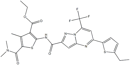 ethyl 5-[(dimethylamino)carbonyl]-2-({[5-(5-ethyl-2-thienyl)-7-(trifluoromethyl)pyrazolo[1,5-a]pyrimidin-2-yl]carbonyl}amino)-4-methyl-3-thiophenecarboxylate Struktur