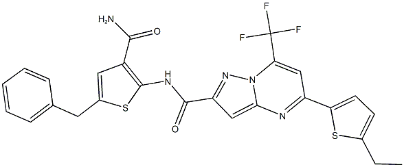 N-[3-(aminocarbonyl)-5-benzyl-2-thienyl]-5-(5-ethyl-2-thienyl)-7-(trifluoromethyl)pyrazolo[1,5-a]pyrimidine-2-carboxamide Struktur