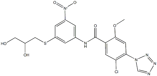 5-chloro-N-{3-[(2,3-dihydroxypropyl)sulfanyl]-5-nitrophenyl}-2-methoxy-4-(1H-tetraazol-1-yl)benzamide Struktur