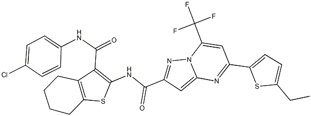 N-{3-[(4-chloroanilino)carbonyl]-4,5,6,7-tetrahydro-1-benzothien-2-yl}-5-(5-ethyl-2-thienyl)-7-(trifluoromethyl)pyrazolo[1,5-a]pyrimidine-2-carboxamide Struktur