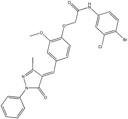 N-(4-bromo-3-chlorophenyl)-2-{2-methoxy-4-[(3-methyl-5-oxo-1-phenyl-1,5-dihydro-4H-pyrazol-4-ylidene)methyl]phenoxy}acetamide Struktur