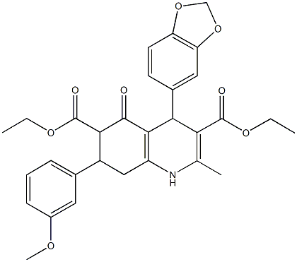 diethyl 4-(1,3-benzodioxol-5-yl)-7-(3-methoxyphenyl)-2-methyl-5-oxo-1,4,5,6,7,8-hexahydro-3,6-quinolinedicarboxylate Struktur