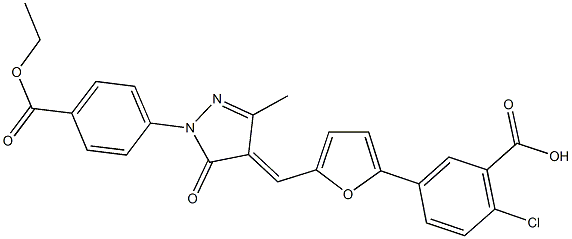 2-chloro-5-[5-({1-[4-(ethoxycarbonyl)phenyl]-3-methyl-5-oxo-1,5-dihydro-4H-pyrazol-4-ylidene}methyl)-2-furyl]benzoic acid Struktur