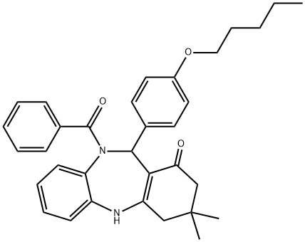 10-benzoyl-3,3-dimethyl-11-[4-(pentyloxy)phenyl]-2,3,4,5,10,11-hexahydro-1H-dibenzo[b,e][1,4]diazepin-1-one Struktur