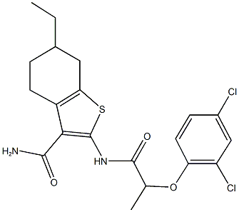 2-{[2-(2,4-dichlorophenoxy)propanoyl]amino}-6-ethyl-4,5,6,7-tetrahydro-1-benzothiophene-3-carboxamide Struktur