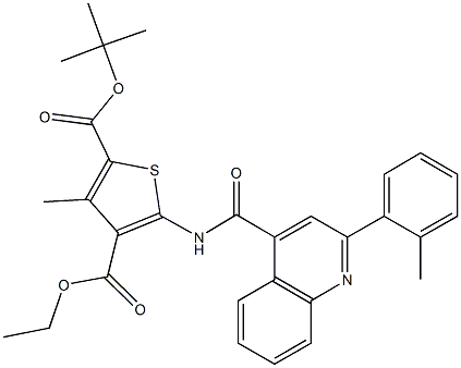 2-tert-butyl 4-ethyl 3-methyl-5-({[2-(2-methylphenyl)-4-quinolinyl]carbonyl}amino)-2,4-thiophenedicarboxylate Struktur