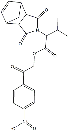 2-{4-nitrophenyl}-2-oxoethyl 2-(3,5-dioxo-4-azatricyclo[5.2.1.0~2,6~]dec-8-en-4-yl)-3-methylbutanoate Struktur