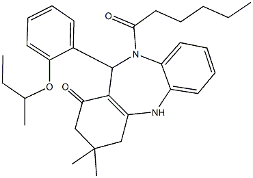 11-(2-sec-butoxyphenyl)-10-hexanoyl-3,3-dimethyl-2,3,4,5,10,11-hexahydro-1H-dibenzo[b,e][1,4]diazepin-1-one Struktur