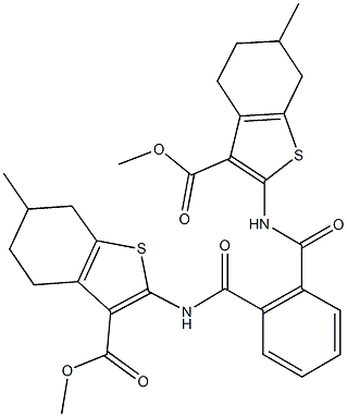 methyl 2-{[2-({[3-(methoxycarbonyl)-6-methyl-4,5,6,7-tetrahydro-1-benzothien-2-yl]amino}carbonyl)benzoyl]amino}-6-methyl-4,5,6,7-tetrahydro-1-benzothiophene-3-carboxylate Struktur