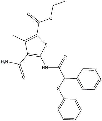 ethyl 4-(aminocarbonyl)-3-methyl-5-{[phenyl(phenylsulfanyl)acetyl]amino}thiophene-2-carboxylate Struktur