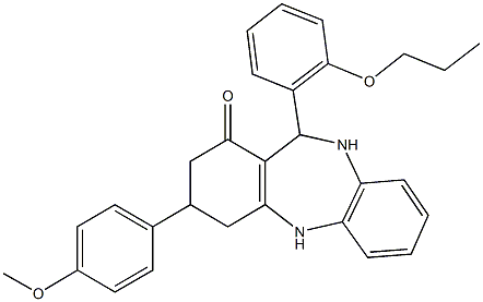 3-(4-methoxyphenyl)-11-(2-propoxyphenyl)-2,3,4,5,10,11-hexahydro-1H-dibenzo[b,e][1,4]diazepin-1-one Struktur