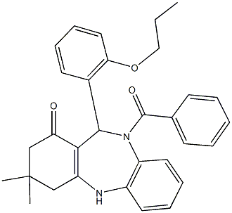 10-benzoyl-3,3-dimethyl-11-(2-propoxyphenyl)-2,3,4,5,10,11-hexahydro-1H-dibenzo[b,e][1,4]diazepin-1-one Struktur