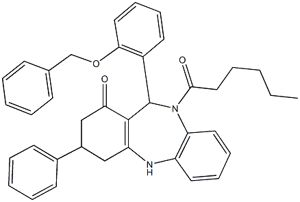 11-[2-(benzyloxy)phenyl]-10-hexanoyl-3-phenyl-2,3,4,5,10,11-hexahydro-1H-dibenzo[b,e][1,4]diazepin-1-one Struktur