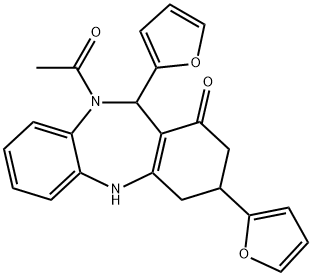 10-acetyl-3,11-di(2-furyl)-2,3,4,5,10,11-hexahydro-1H-dibenzo[b,e][1,4]diazepin-1-one Struktur