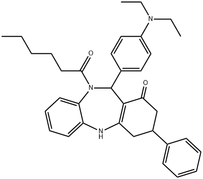 11-[4-(diethylamino)phenyl]-10-hexanoyl-3-phenyl-2,3,4,5,10,11-hexahydro-1H-dibenzo[b,e][1,4]diazepin-1-one Struktur