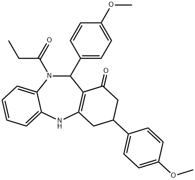 3,11-bis(4-methoxyphenyl)-10-propionyl-2,3,4,5,10,11-hexahydro-1H-dibenzo[b,e][1,4]diazepin-1-one Struktur