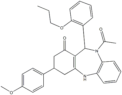 10-acetyl-3-(4-methoxyphenyl)-11-(2-propoxyphenyl)-2,3,4,5,10,11-hexahydro-1H-dibenzo[b,e][1,4]diazepin-1-one Struktur