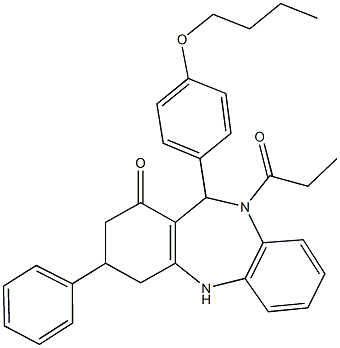 11-(4-butoxyphenyl)-3-phenyl-10-propionyl-2,3,4,5,10,11-hexahydro-1H-dibenzo[b,e][1,4]diazepin-1-one Struktur