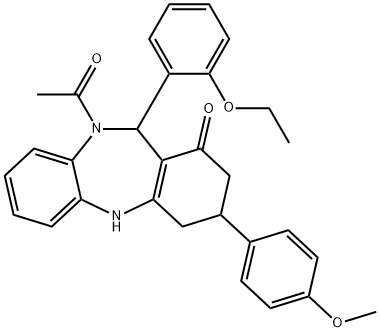 10-acetyl-11-(2-ethoxyphenyl)-3-(4-methoxyphenyl)-2,3,4,5,10,11-hexahydro-1H-dibenzo[b,e][1,4]diazepin-1-one Struktur