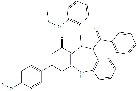 10-benzoyl-11-(2-ethoxyphenyl)-3-(4-methoxyphenyl)-2,3,4,5,10,11-hexahydro-1H-dibenzo[b,e][1,4]diazepin-1-one Struktur