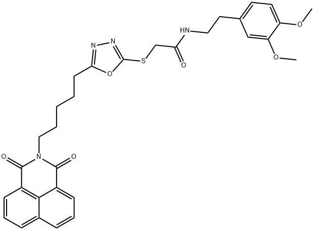 N-[2-(3,4-dimethoxyphenyl)ethyl]-2-({5-[5-(1,3-dioxo-1H-benzo[de]isoquinolin-2(3H)-yl)pentyl]-1,3,4-oxadiazol-2-yl}sulfanyl)acetamide Struktur